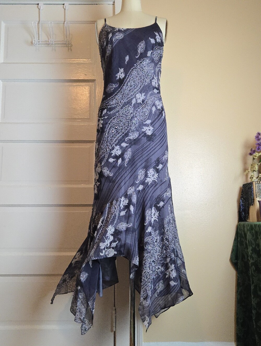 Papell Boutique 100% Silk Chiffon Beaded Asymmetrical Printed Maxi Dress Y2K